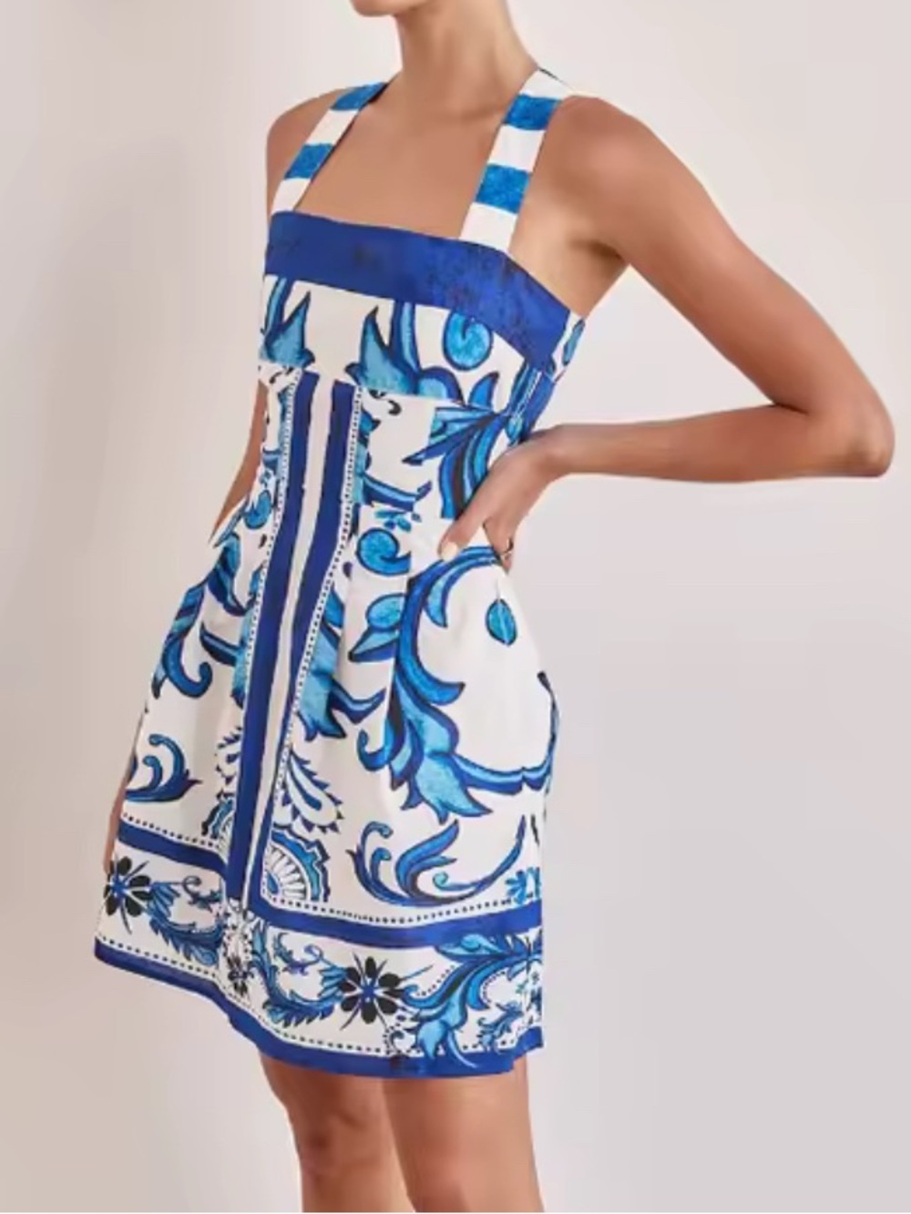 NEW Summer York Vacay Dress Blue and White Printed Halter Sundress - Picture 4 of 6